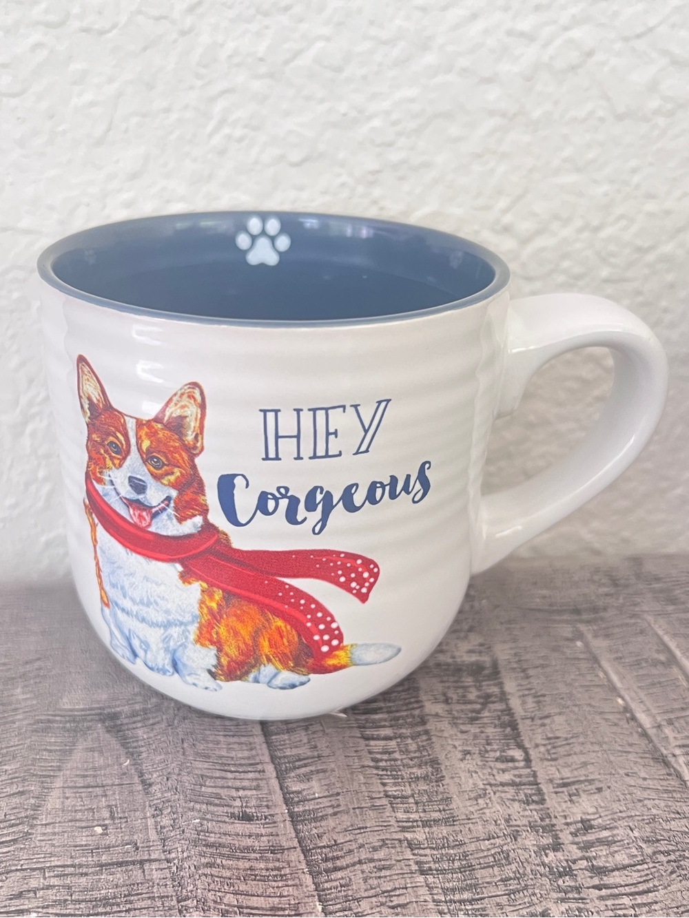 Welsh Corgi Dog “Hey Corgeous” Puppy Pawprint White Blue Ceramic Mug